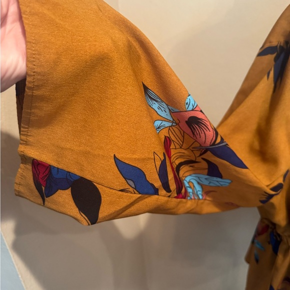 SHEIN Boho Mustard Brown Floral Tie-Front Peplum Blouse - Picture 5 of 7